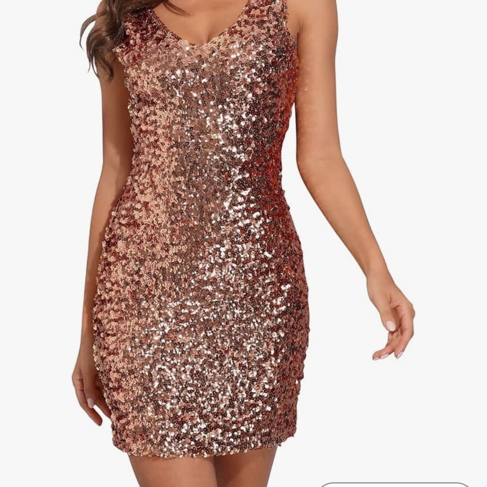 Sequin V-Neck Dress in Gold